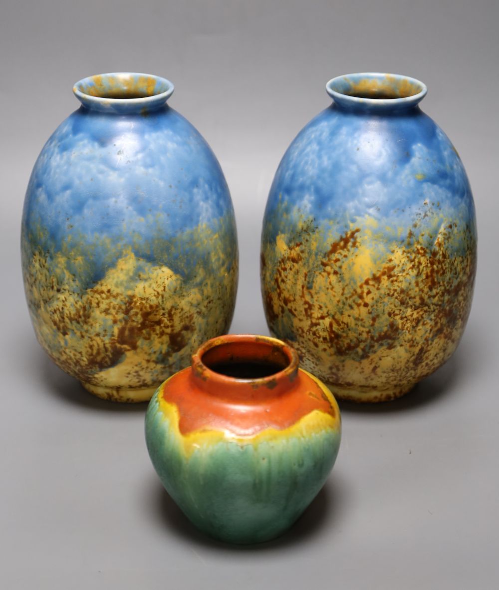 A pair of Crown Ducal mottled vases, height 20cm and a Belgian vase, all with abstract glaze effects